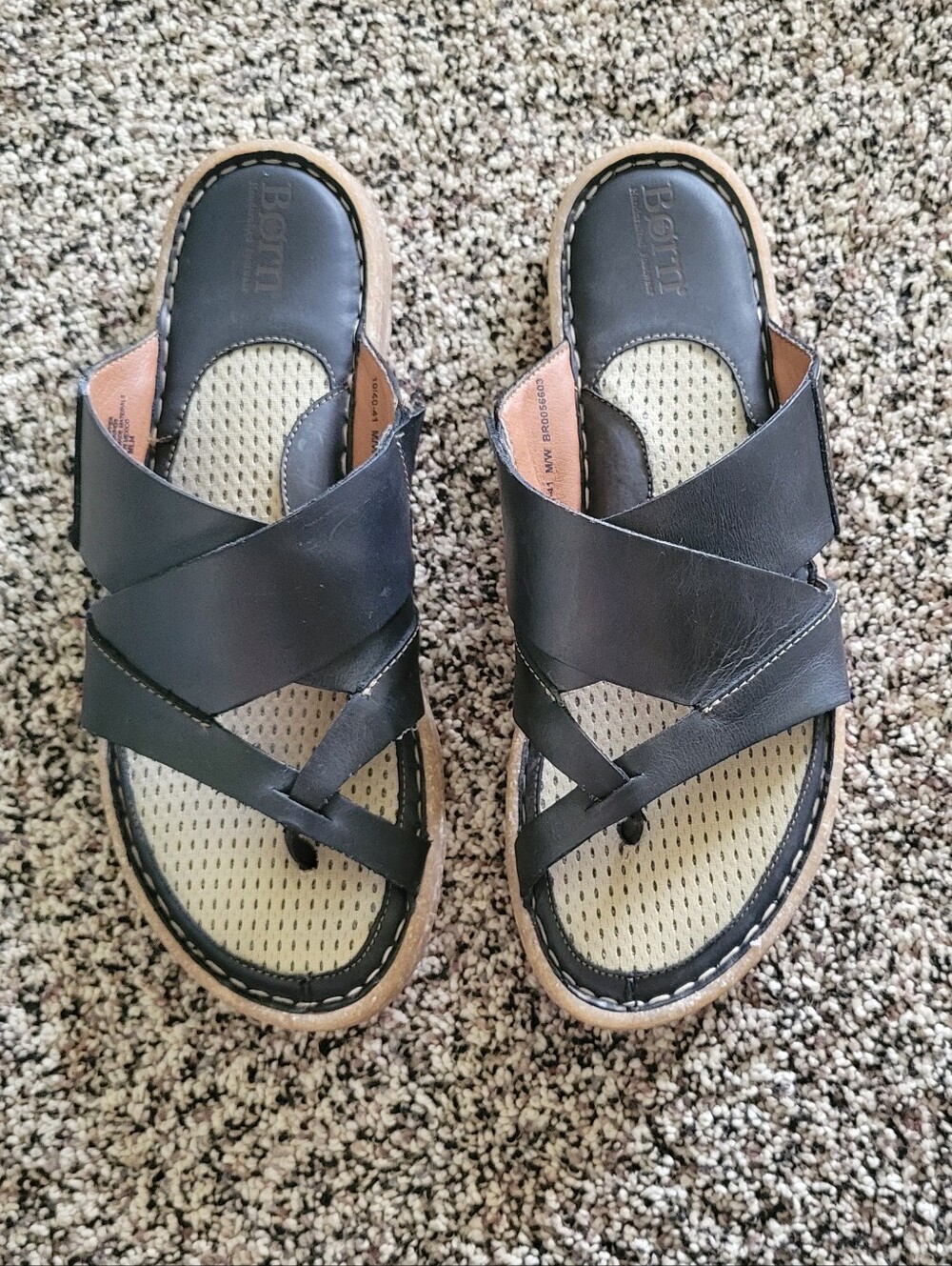 Born Women's Black Leather Crisscross Slide Sandals with Tan Trim